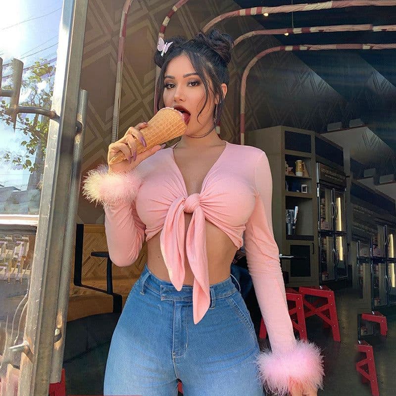 image-Women's Cropped Long Sleeve Tie Front T-Shirt Pink V-Neck Top