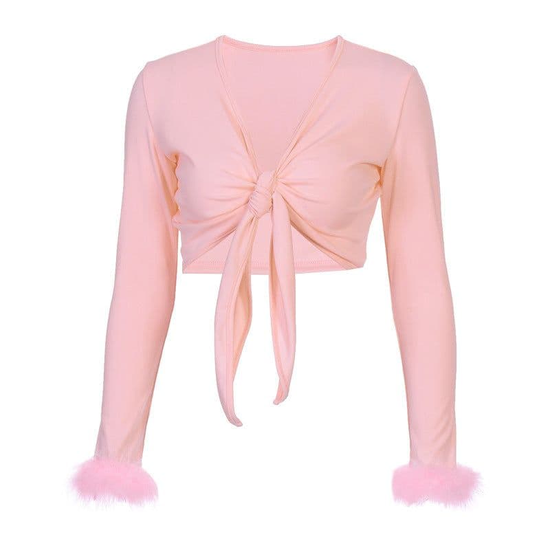 image-Women's Cropped Long Sleeve Tie Front T-Shirt Pink V-Neck Top
