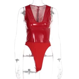image-Women's Sleeveless PU Stitching Jumpsuit Deep V Back Zipper Red
