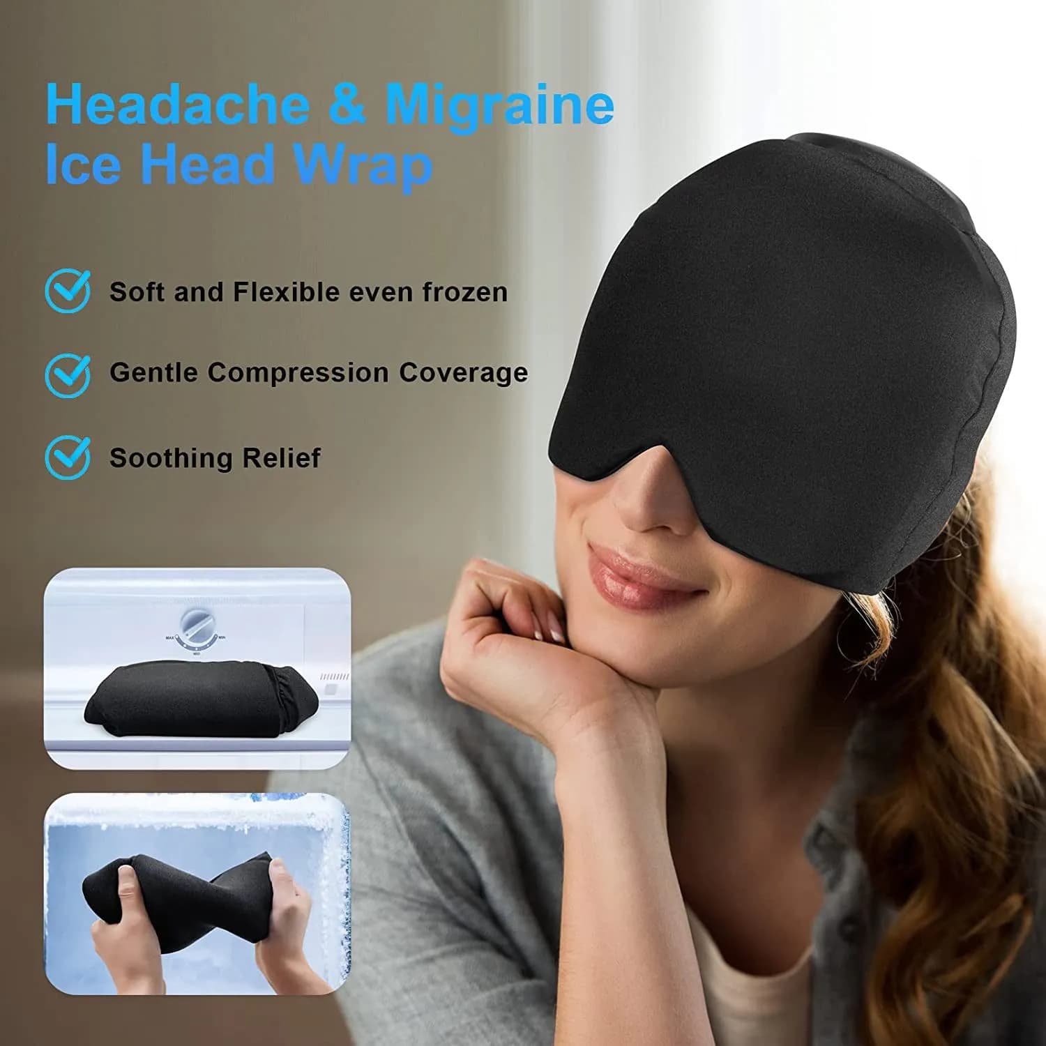 image-Gel Cap Headache Relief Hot Cold Compress Headgear Black