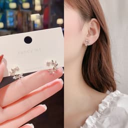 image-S925 Silver Needle Pearl Flower Earrings Korean Style Geometric