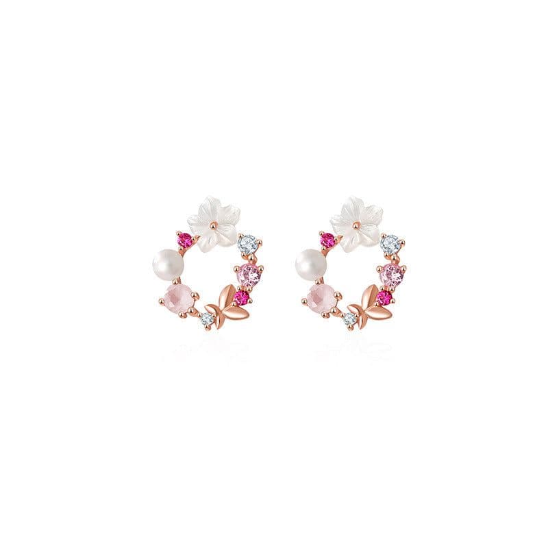 image-S925 Silver Needle Pearl Flower Earrings Korean Style Geometric