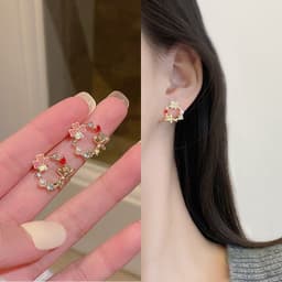 image-S925 Silver Needle Pearl Flower Earrings Korean Style Geometric
