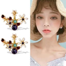 image-S925 Silver Needle Pearl Flower Earrings Korean Style Geometric