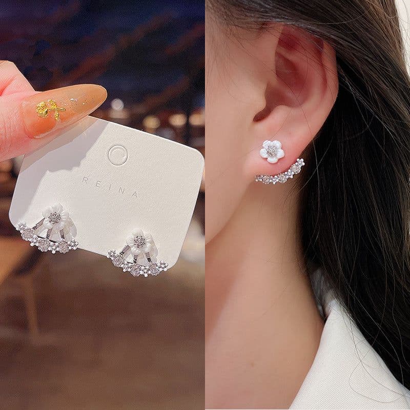 image-S925 Silver Needle Pearl Flower Earrings Korean Style Geometric