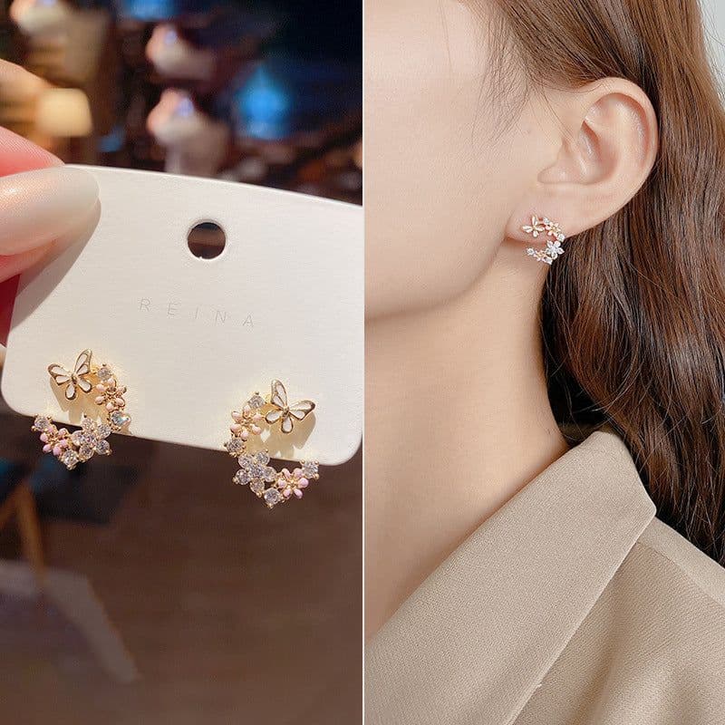 image-S925 Silver Needle Pearl Flower Earrings Korean Style Geometric