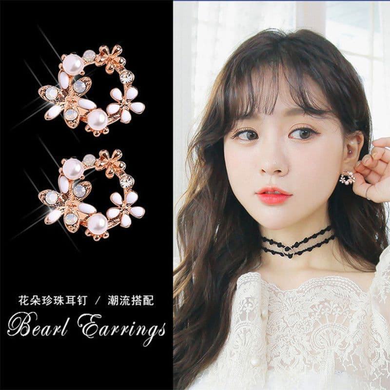 image-S925 Silver Needle Pearl Flower Earrings Korean Style Geometric