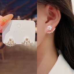 image-S925 Silver Needle Pearl Flower Earrings Korean Style Geometric