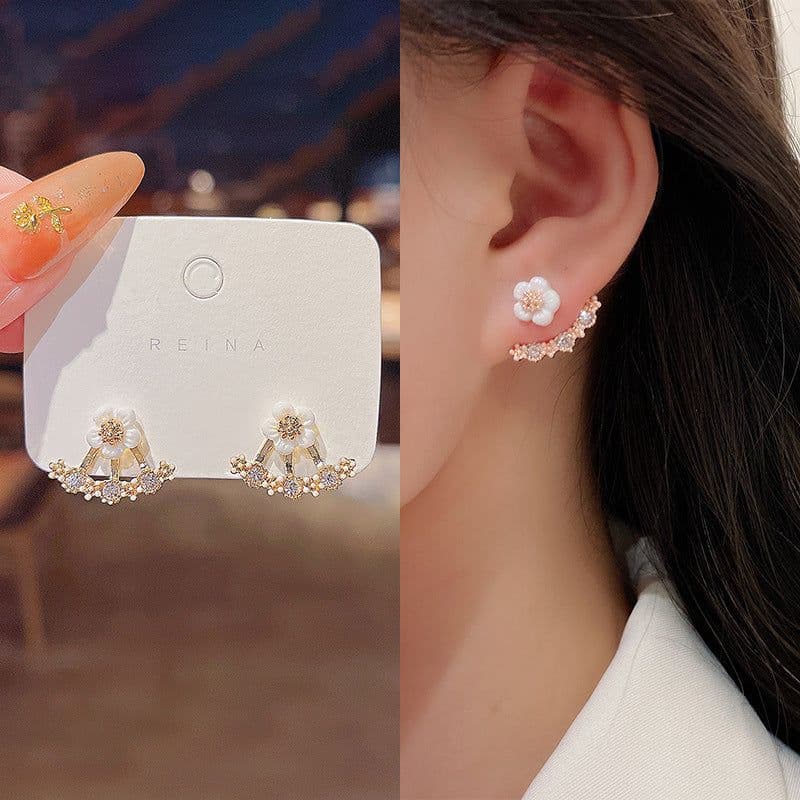 image-S925 Silver Needle Pearl Flower Earrings Korean Style Geometric