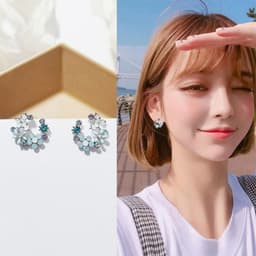 image-S925 Silver Needle Pearl Flower Earrings Korean Style Geometric