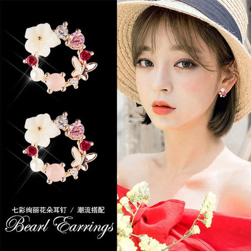 image-S925 Silver Needle Pearl Flower Earrings Korean Style Geometric