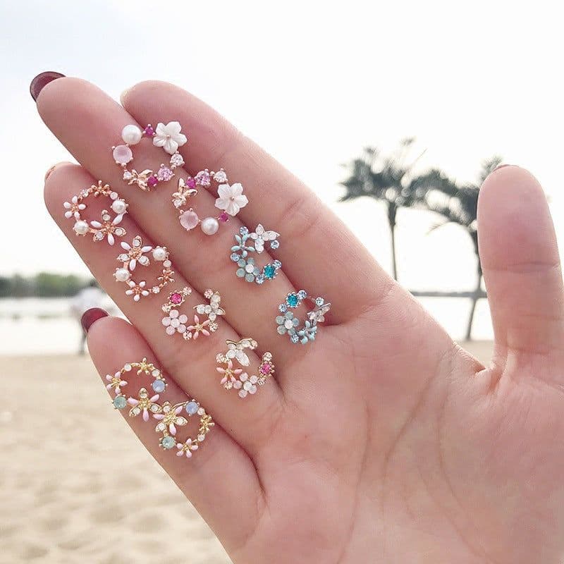 image-S925 Silver Needle Pearl Flower Earrings Korean Style Geometric