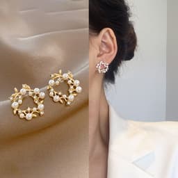 image-S925 Silver Needle Pearl Flower Earrings Korean Style Geometric