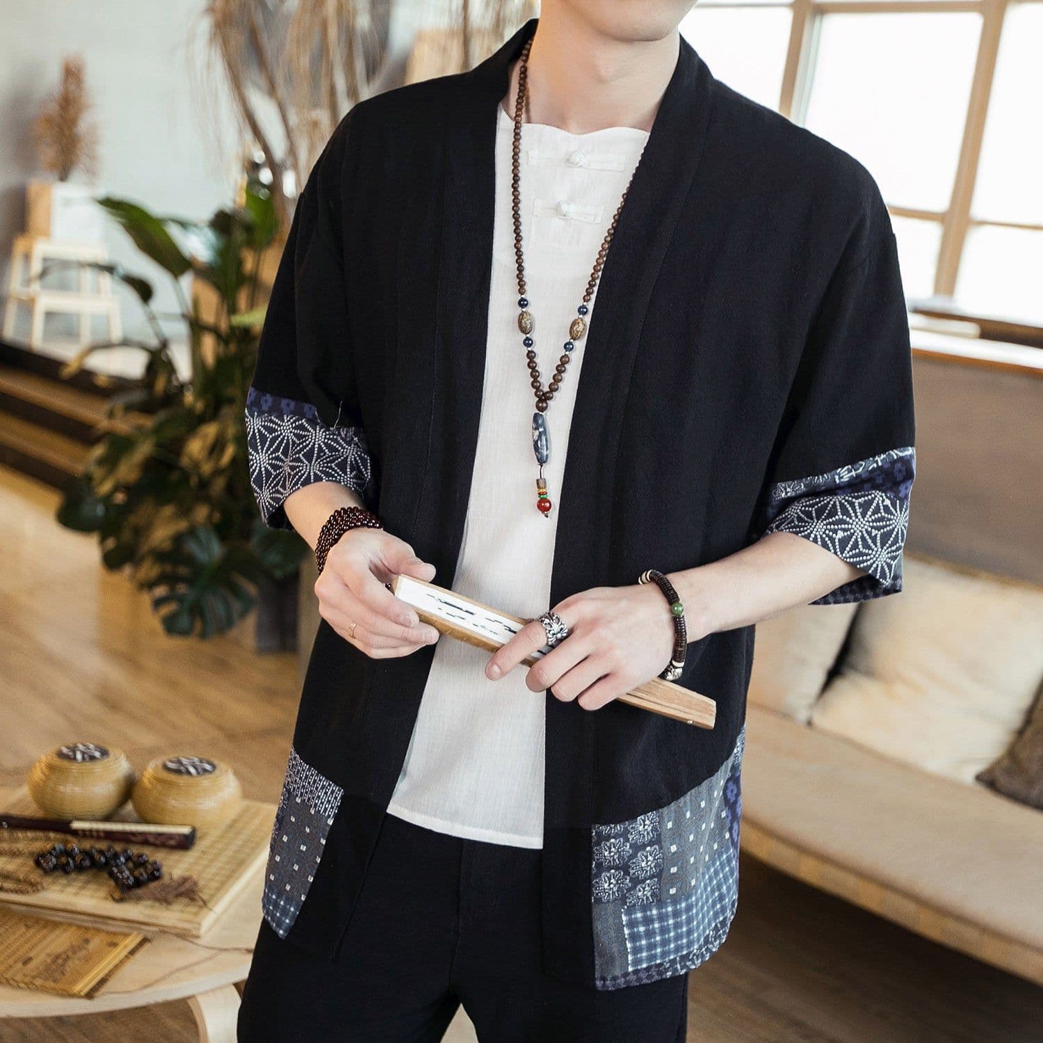 image-Men's Linen Cotton Cardigan Shirt Half Sleeve Summer Casual