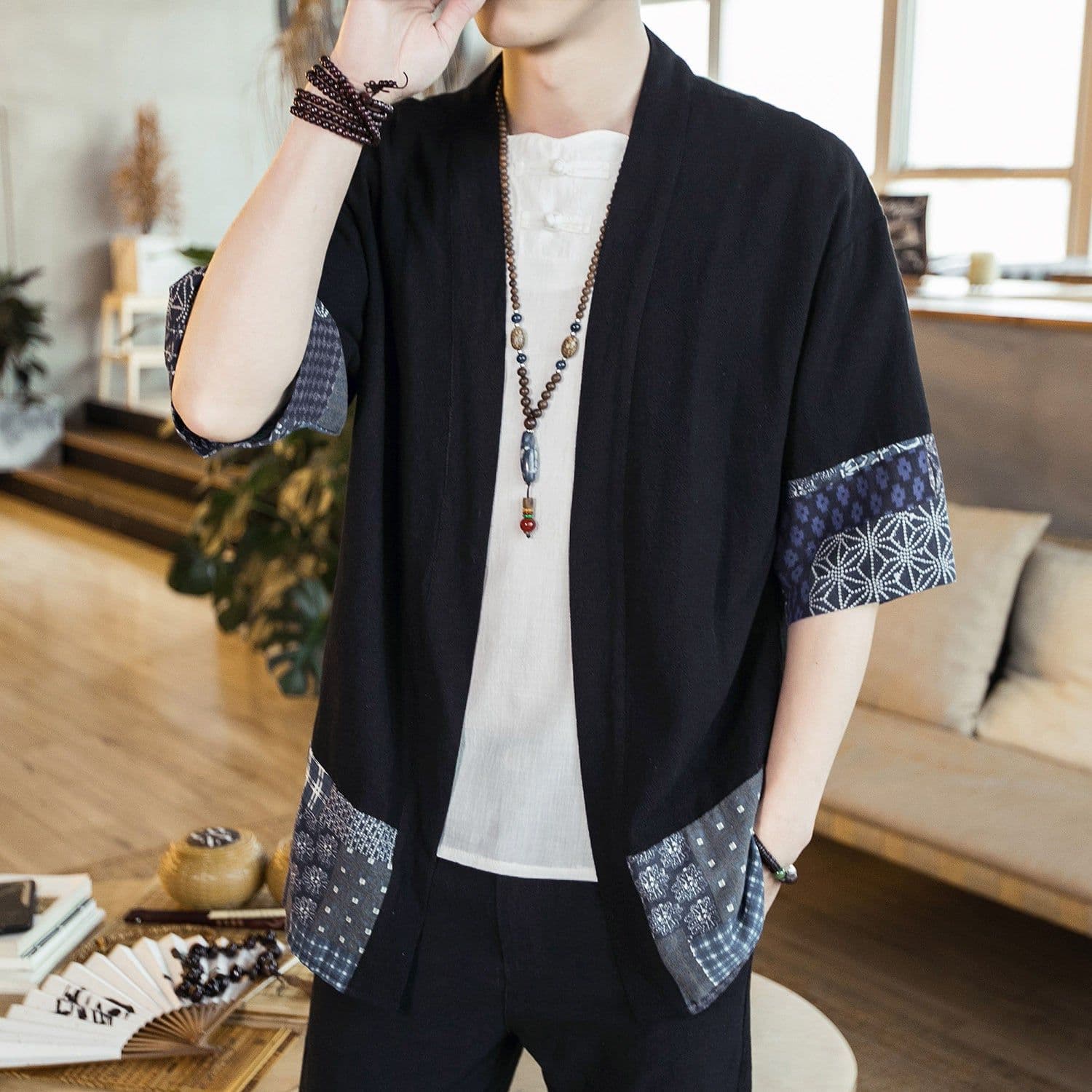 image-Men's Linen Cotton Cardigan Shirt Half Sleeve Summer Casual