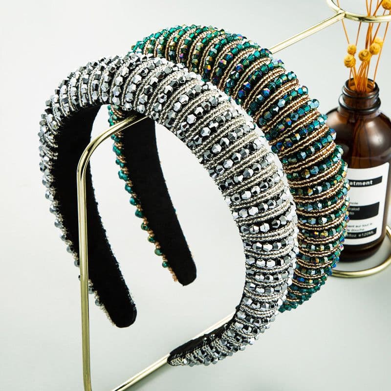 image-Plaid Beaded Sponge Headband Wide Women's Hair Accessory