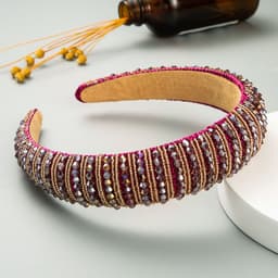 image-Plaid Beaded Sponge Headband Wide Women's Hair Accessory