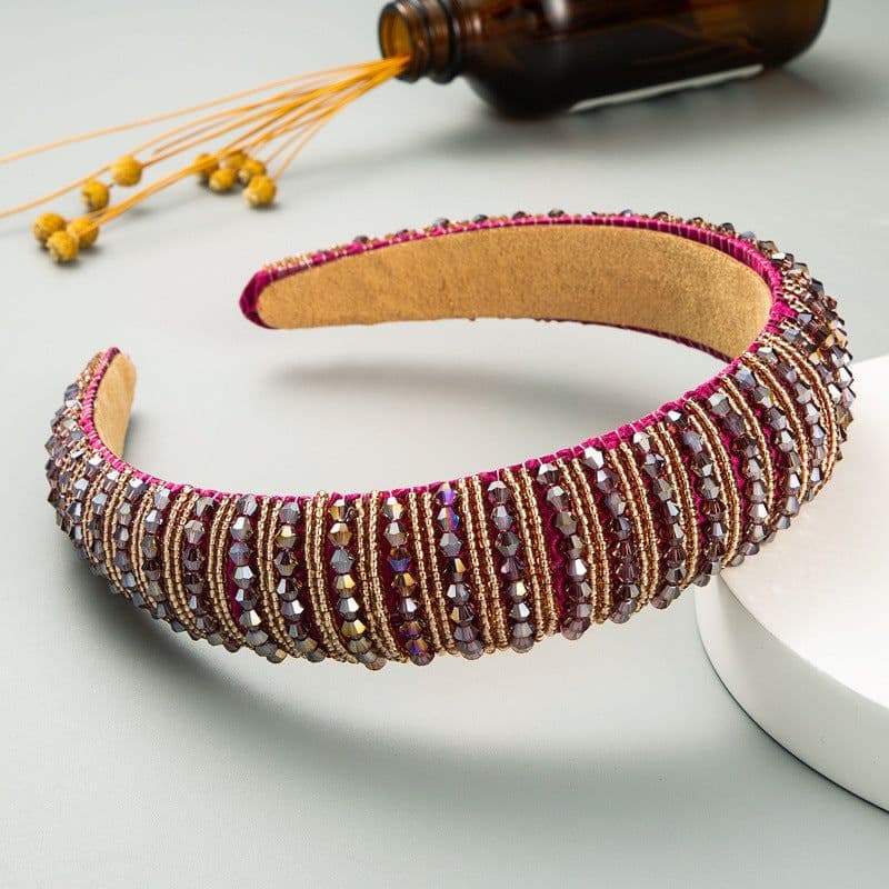 image-Plaid Beaded Sponge Headband Wide Women's Hair Accessory