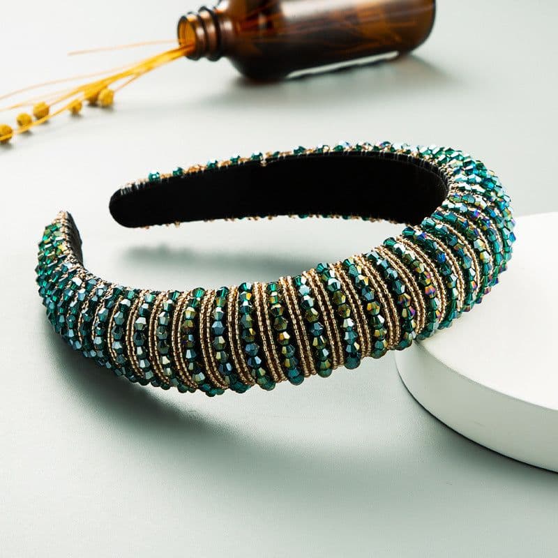 image-Plaid Beaded Sponge Headband Wide Women's Hair Accessory