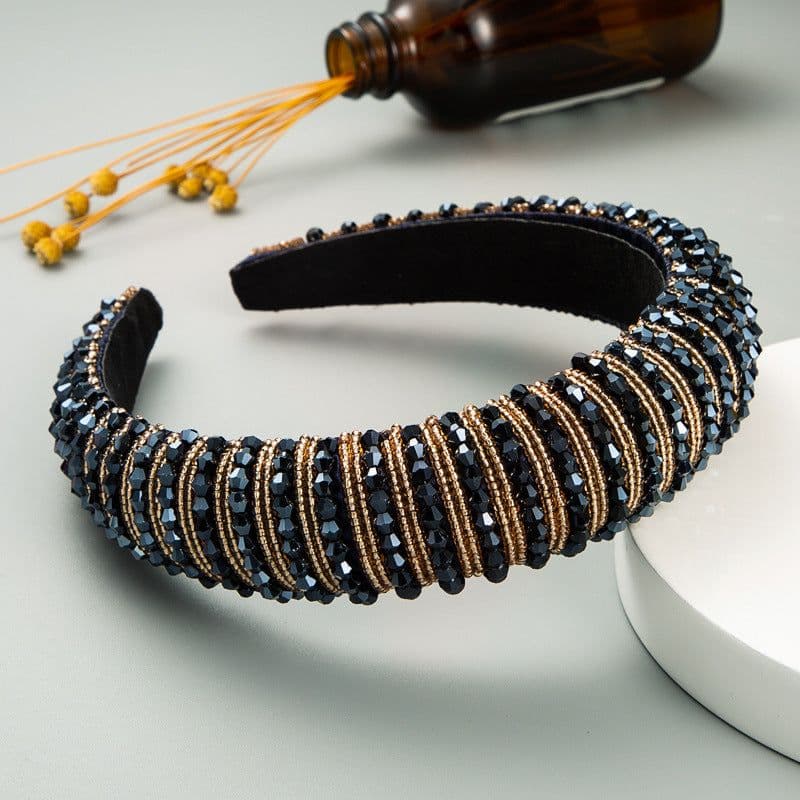 image-Plaid Beaded Sponge Headband Wide Women's Hair Accessory