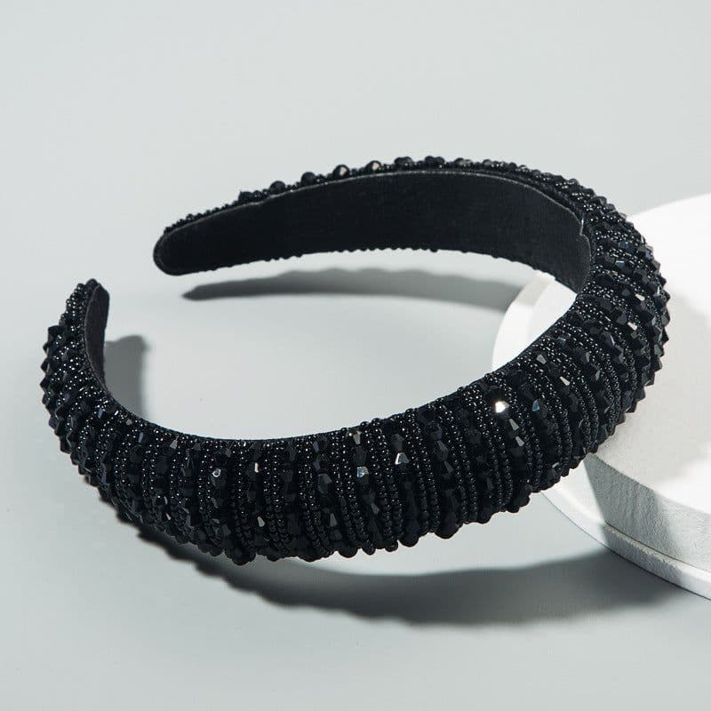 image-Plaid Beaded Sponge Headband Wide Women's Hair Accessory