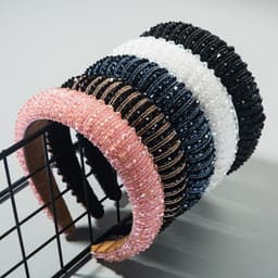 image-Plaid Beaded Sponge Headband Wide Women's Hair Accessory