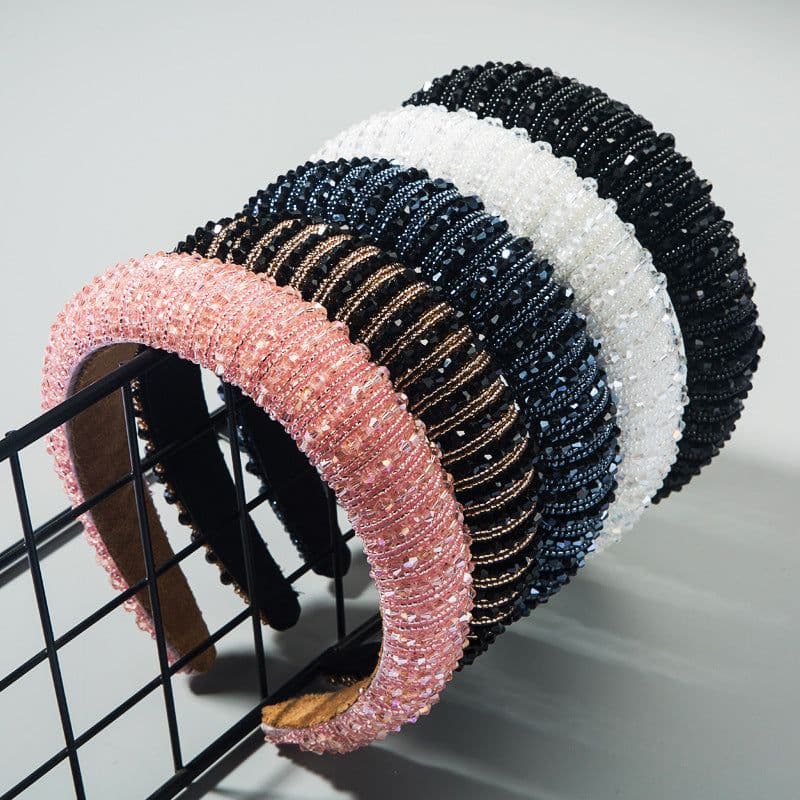 image-Plaid Beaded Sponge Headband Wide Women's Hair Accessory
