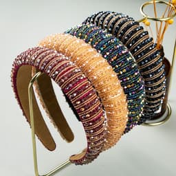 image-Plaid Beaded Sponge Headband Wide Women's Hair Accessory