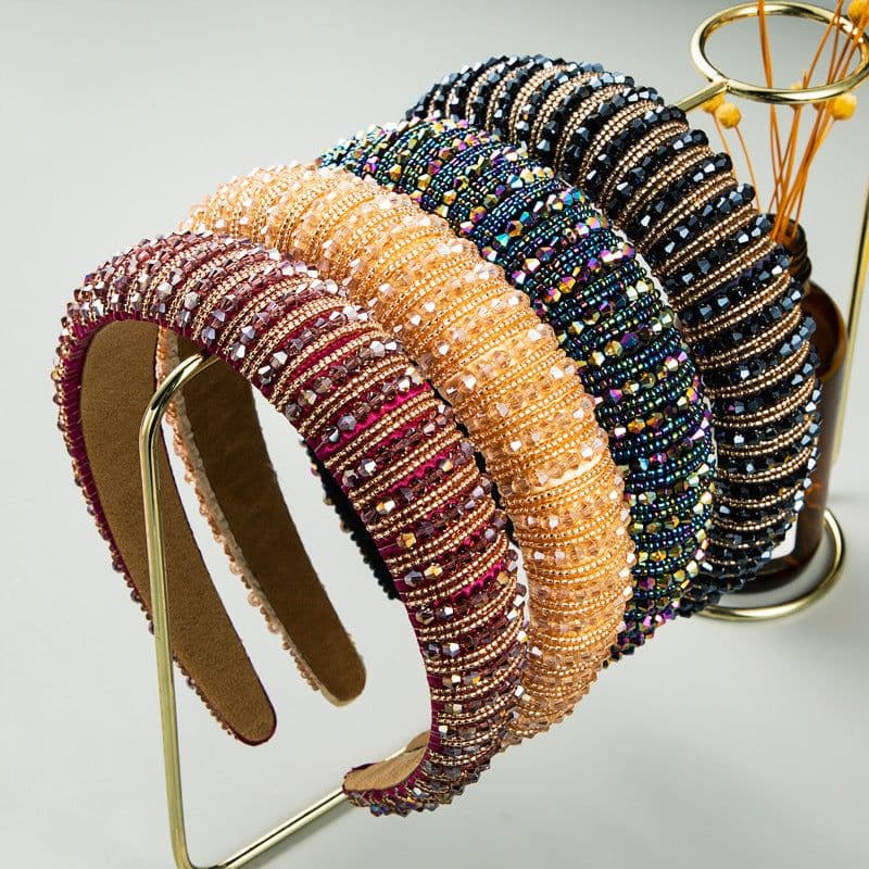 image-Plaid Beaded Sponge Headband Wide Women's Hair Accessory