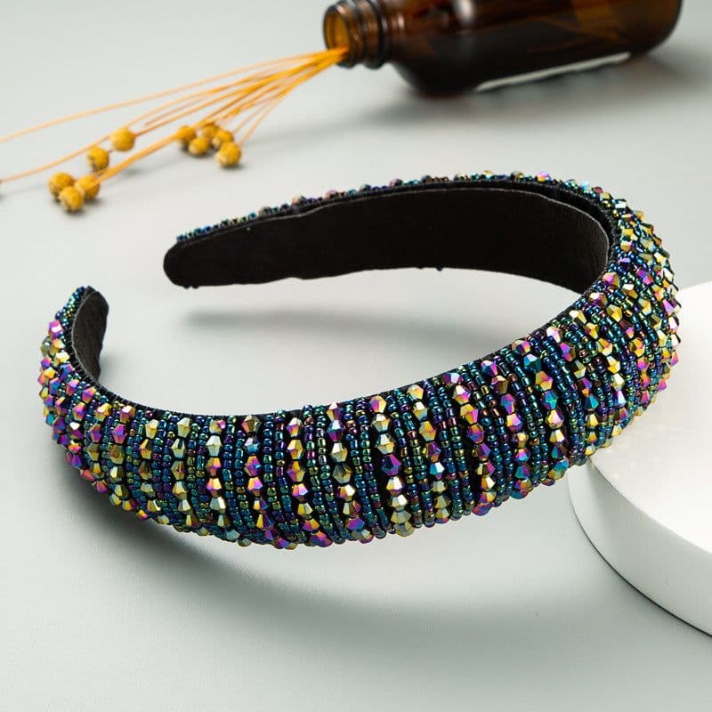 image-Plaid Beaded Sponge Headband Wide Women's Hair Accessory