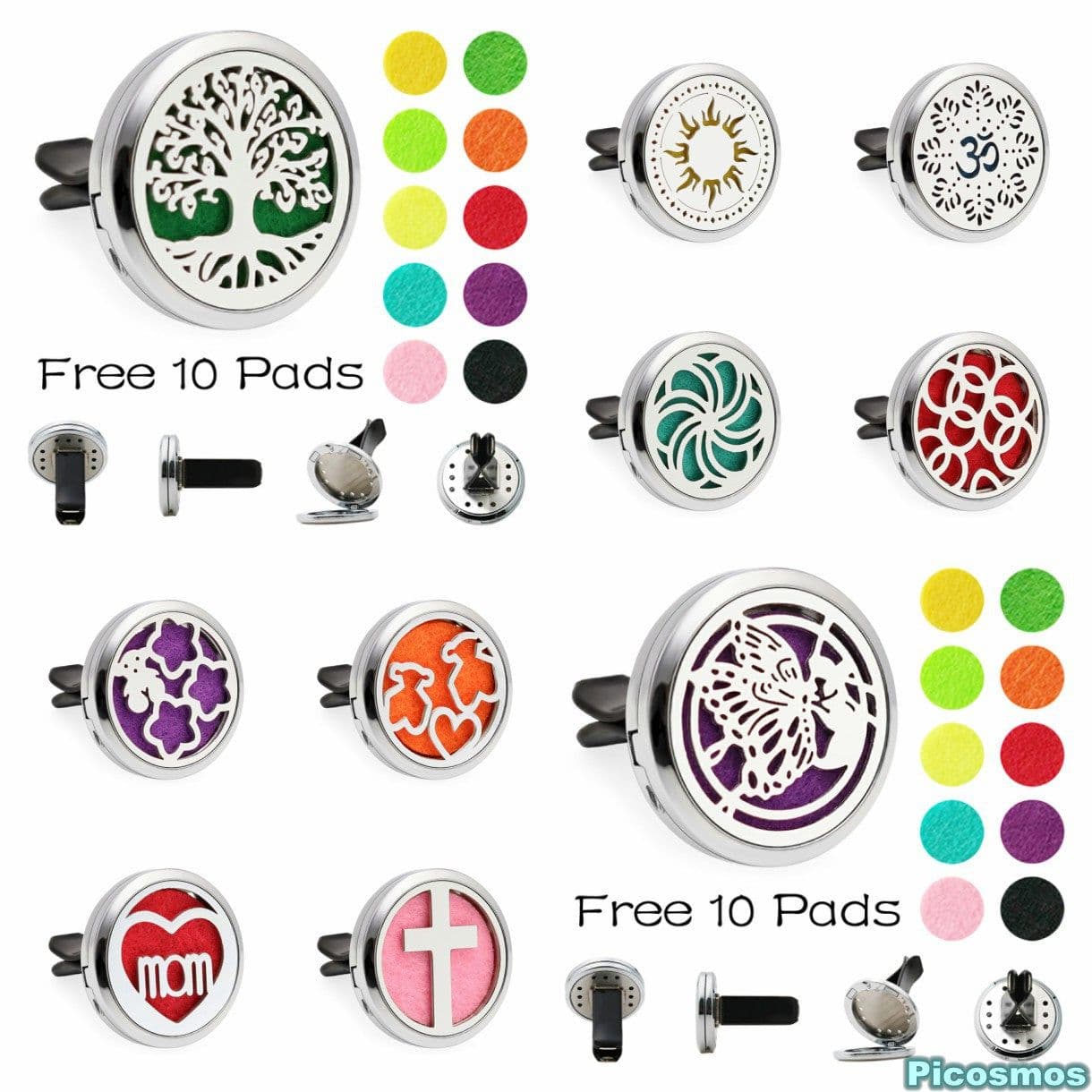 image-Car Air Freshener Clip Alloy Hollow Perfume Holder with 10 Sponges