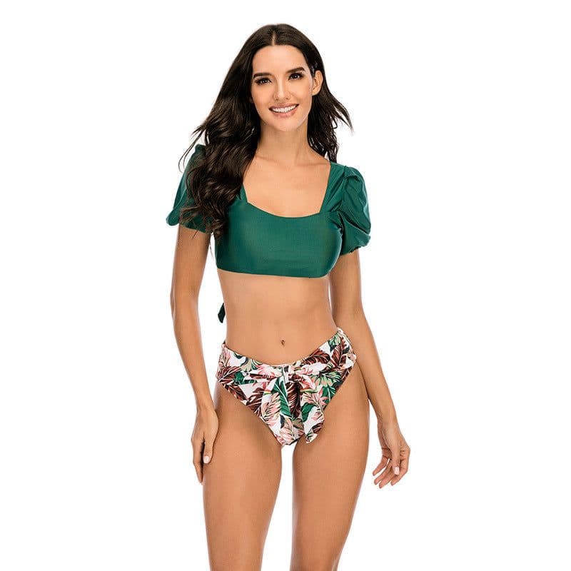 image-Women's Bikini Swimsuit with Chest Pad Short Sleeve 4 Colors