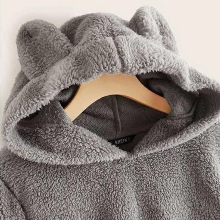 image-Women's Solid Color Teddy Fleece Hoodie with Ears - Fall 2020