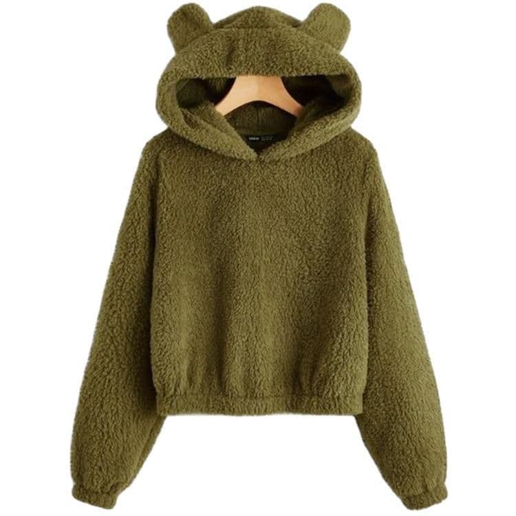 image-Women's Solid Color Teddy Fleece Hoodie with Ears - Fall 2020