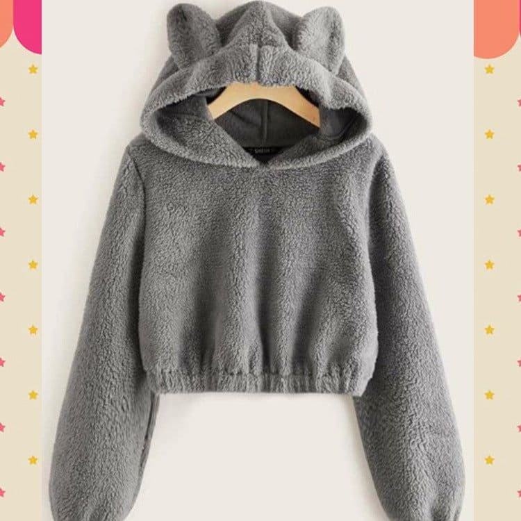 image-Women's Solid Color Teddy Fleece Hoodie with Ears - Fall 2020