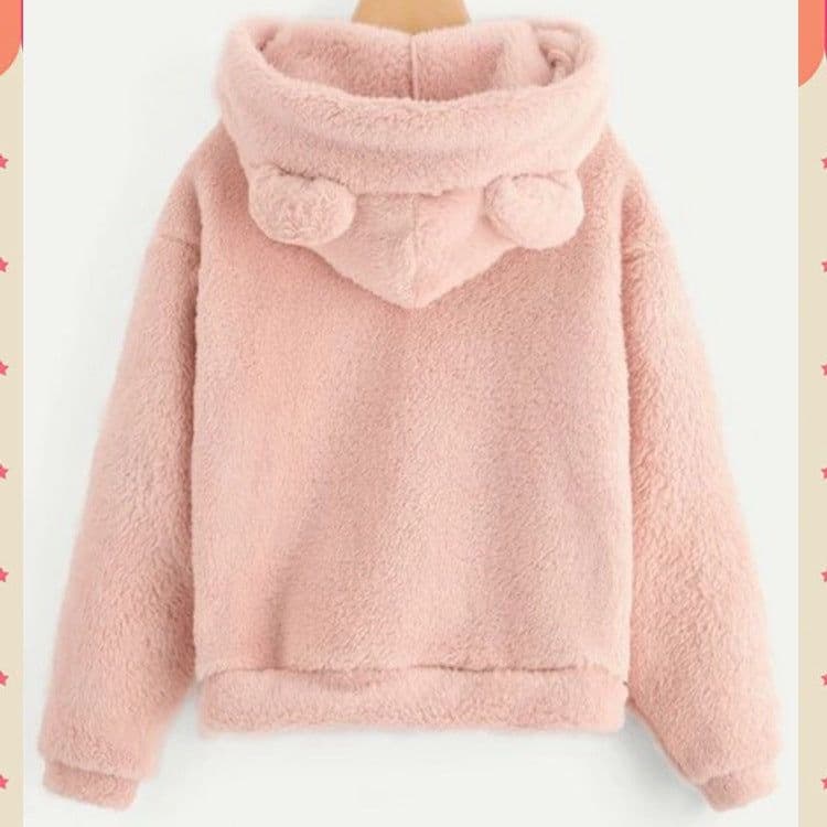 image-Women's Solid Color Teddy Fleece Hoodie with Ears - Fall 2020