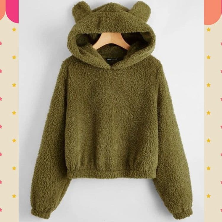 image-Women's Solid Color Teddy Fleece Hoodie with Ears - Fall 2020