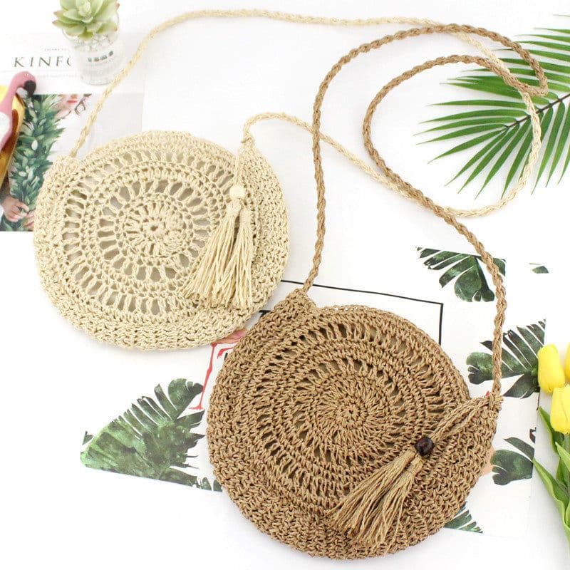image-Handmade Round Straw Woven Crossbody Bag with Tassel