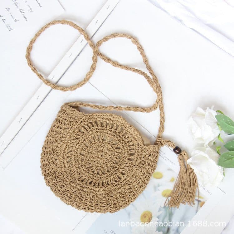 image-Handmade Round Straw Woven Crossbody Bag with Tassel