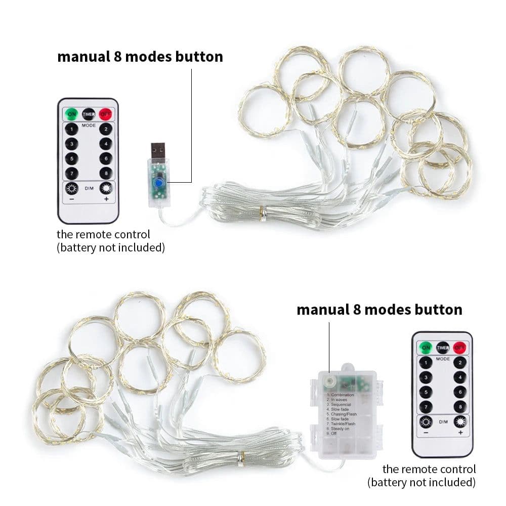 image-LED Curtain String Lights USB Battery Powered with Remote Control