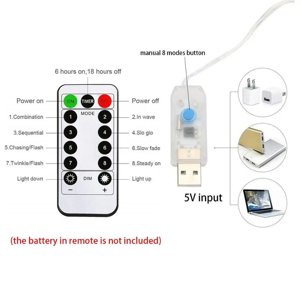 image-LED Curtain String Lights USB Battery Powered with Remote Control