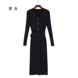 image-Women's Korean Style V-Neck Long Knit Sweater Dress