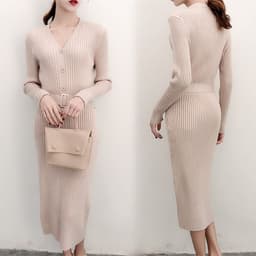 image-Women's Korean Style V-Neck Long Knit Sweater Dress