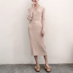 image-Women's Korean Style V-Neck Long Knit Sweater Dress