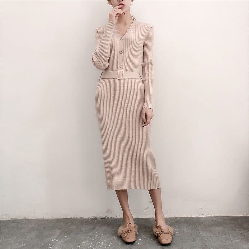 image-Women's Korean Style V-Neck Long Knit Sweater Dress