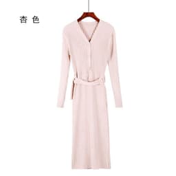 image-Women's Korean Style V-Neck Long Knit Sweater Dress