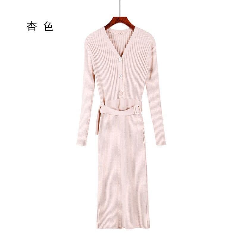 image-Women's Korean Style V-Neck Long Knit Sweater Dress