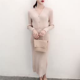 image-Women's Korean Style V-Neck Long Knit Sweater Dress