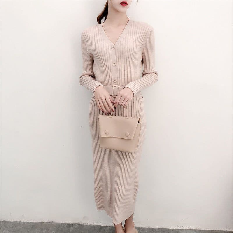 image-Women's Korean Style V-Neck Long Knit Sweater Dress
