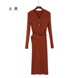 image-Women's Korean Style V-Neck Long Knit Sweater Dress
